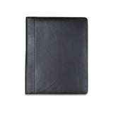 A Tradevia black leather portfolio on a white background, featuring business card pockets for office organizational needs.