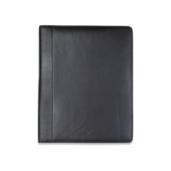 A Tradevia black leather portfolio on a white background, featuring business card pockets for office organizational needs.