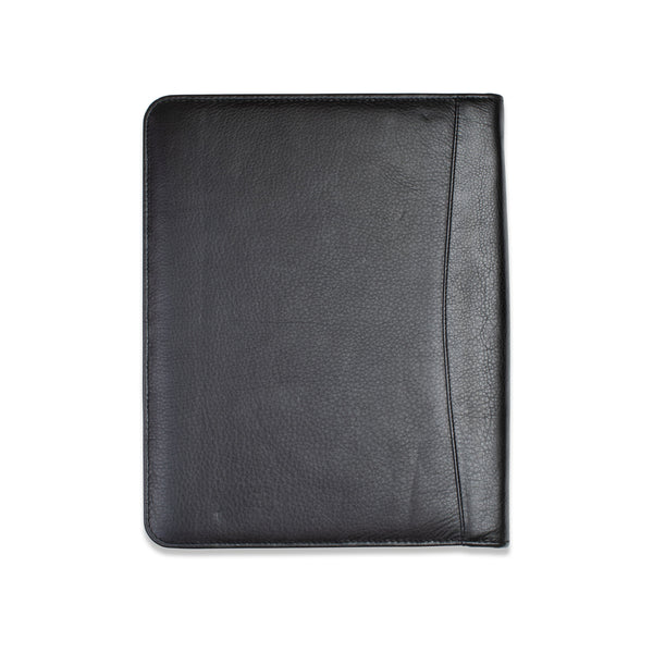 A black leather Tradevia Leather Portfolio with business card pockets on a white background.