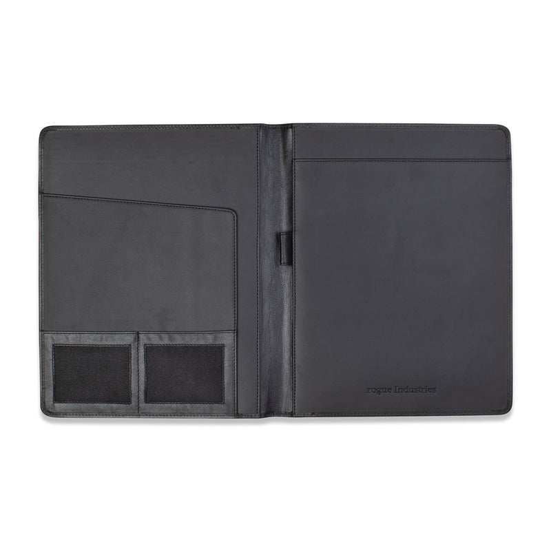 A black Leather Portfolio by Tradevia with two business card pockets.