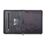 A black Tradevia leather portfolio with a zippered compartment and business card pockets.