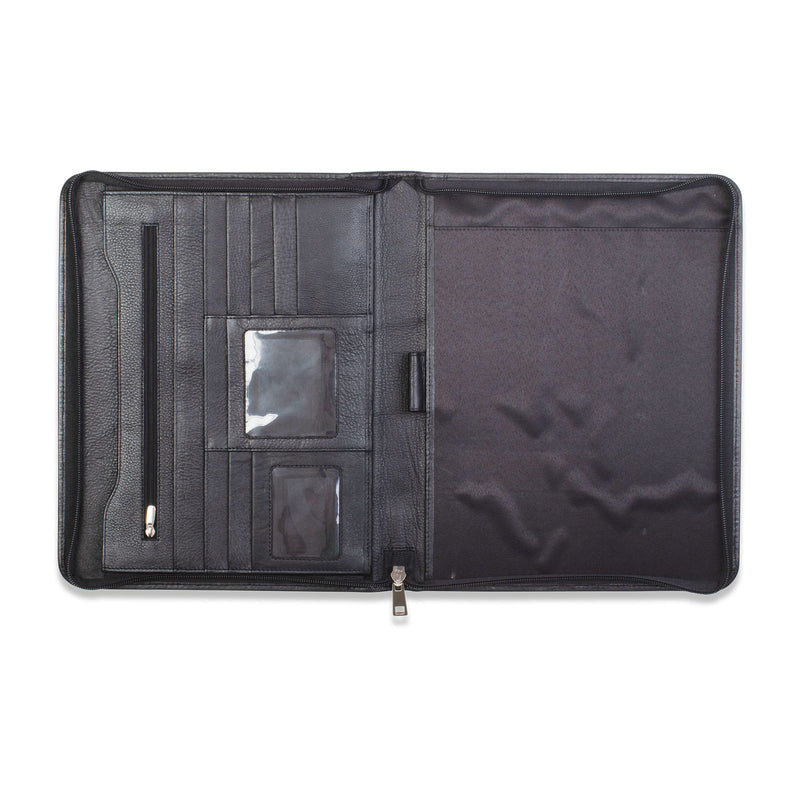 A black Tradevia leather portfolio with a zippered compartment and business card pockets.