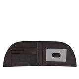 A black front pocket wallet with a silver label from Tradevia.