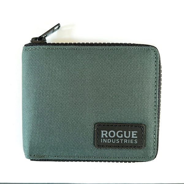 The Tradevia Nylon Zip Around Wallet, featuring RFID blocking, is shown on a white surface.