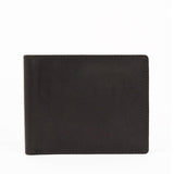 A black, RFID-blocking R11 Leather Wallet by Tradevia on a white background.