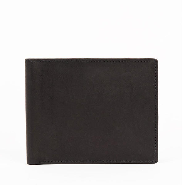A black, RFID-blocking R11 Leather Wallet by Tradevia on a white background.