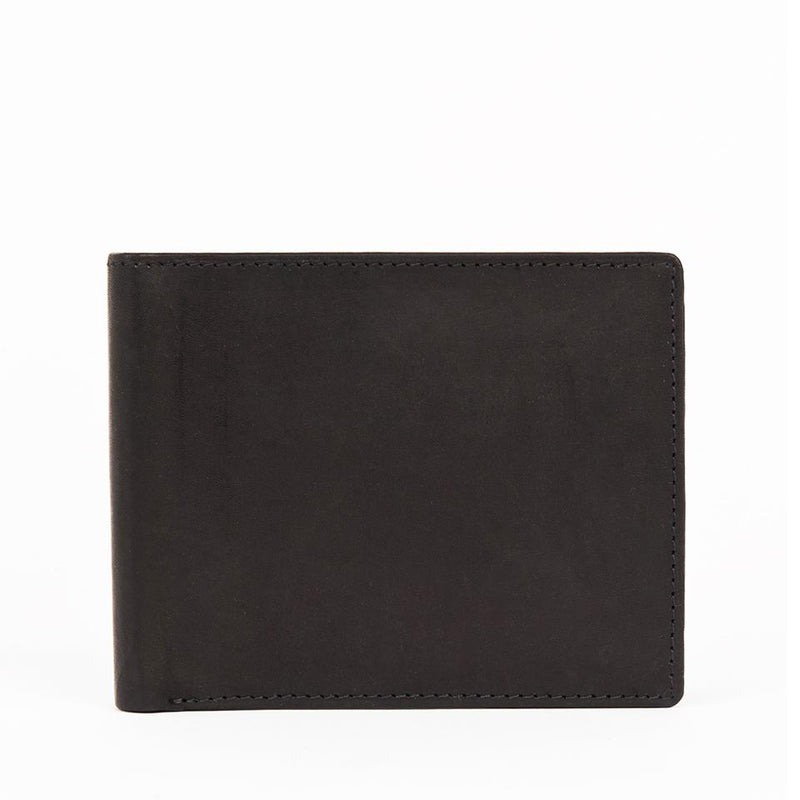 A black, RFID-blocking R11 Leather Wallet by Tradevia on a white background.