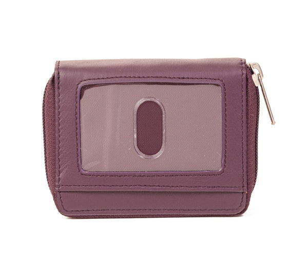 A purple leather Accordion Zip Wallet with RFID-blocking for credit cards by Tradevia.