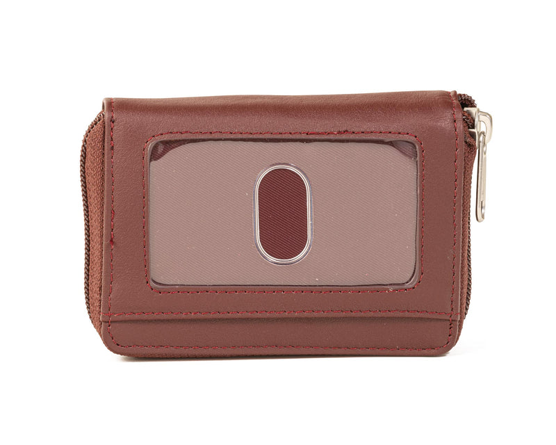 A Tradevia Accordion Zip Wallet - RFID Blocking with burgundy leather and a zipper.