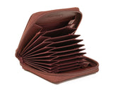A brown leather Tradevia Accordion Zip Wallet - RFID Blocking with several compartments for credit cards.