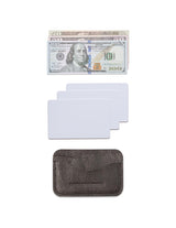 A Tradevia Bison Card Case with a dollar bill and a credit card.