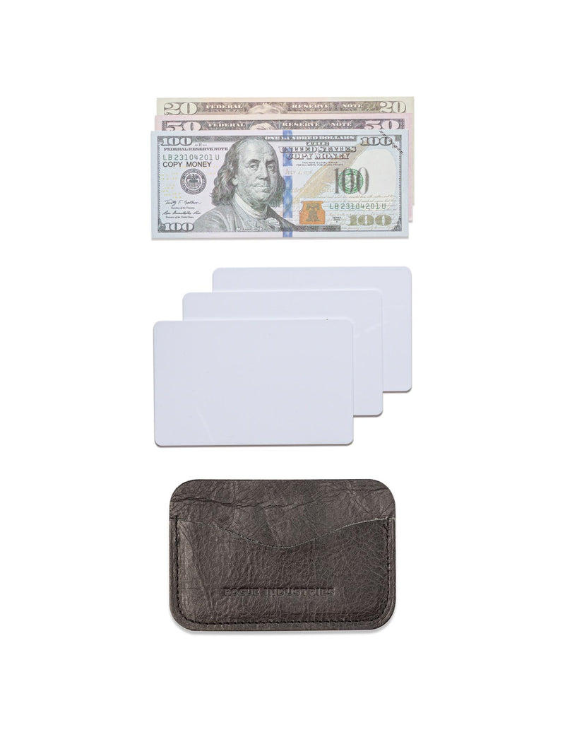 A Tradevia Bison Card Case with a dollar bill and a credit card.