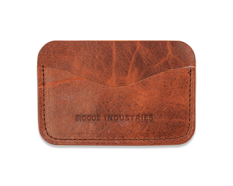 A brown American Bison leather Bison Card Case with the word Tradevia on it.