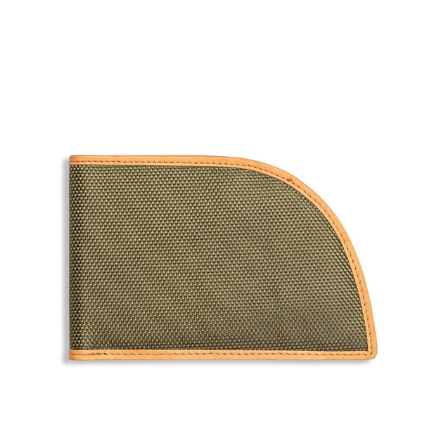 A durable, green Ballistic Nylon Front Pocket wallet with brown stitching by Tradevia.
