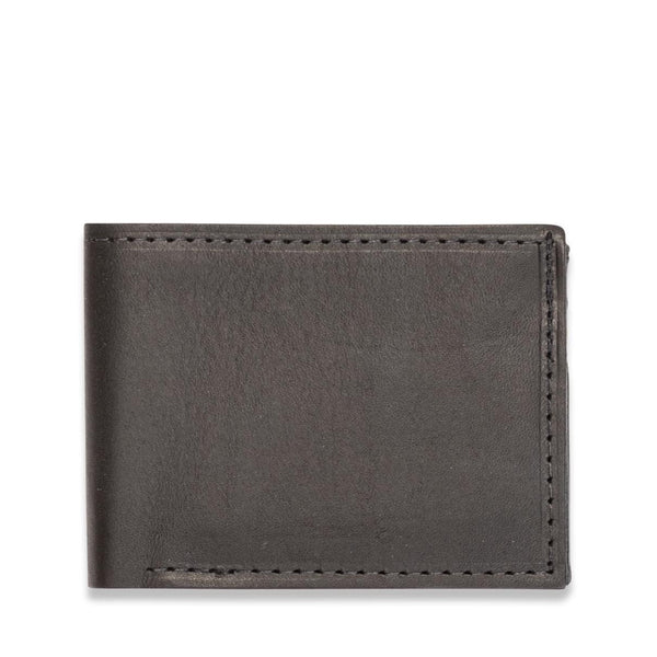 A black genuine cowhide leather Heritage Wallet with stitching, made in USA from Tradevia.