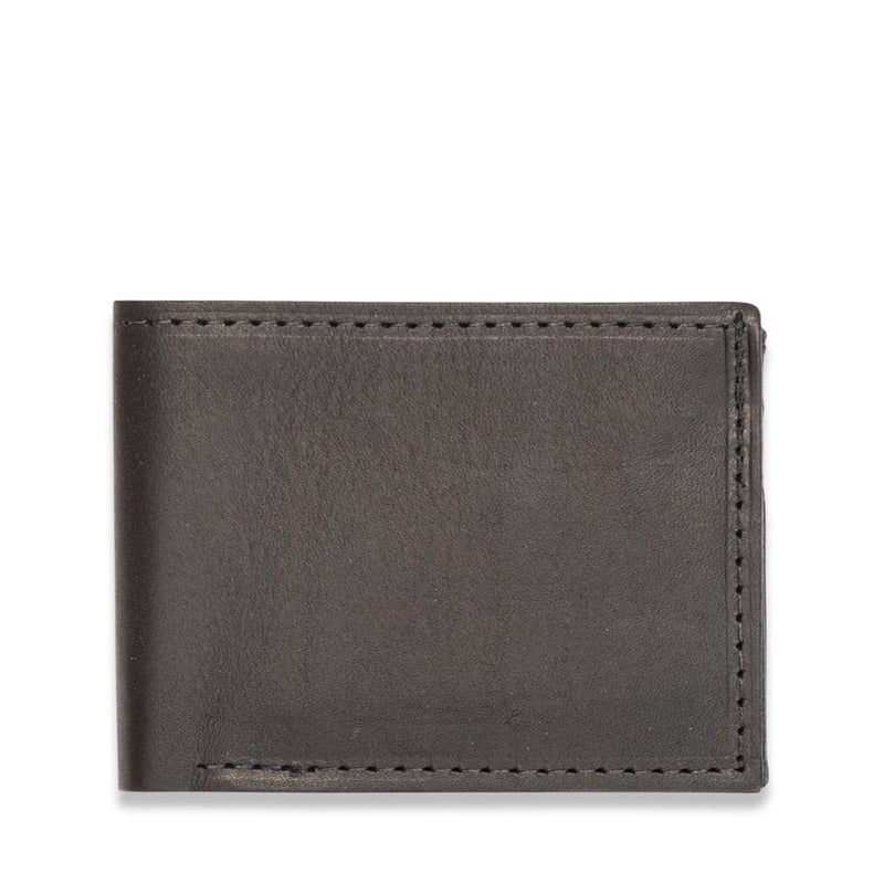 A black genuine cowhide leather Heritage Wallet with stitching, made in USA from Tradevia.