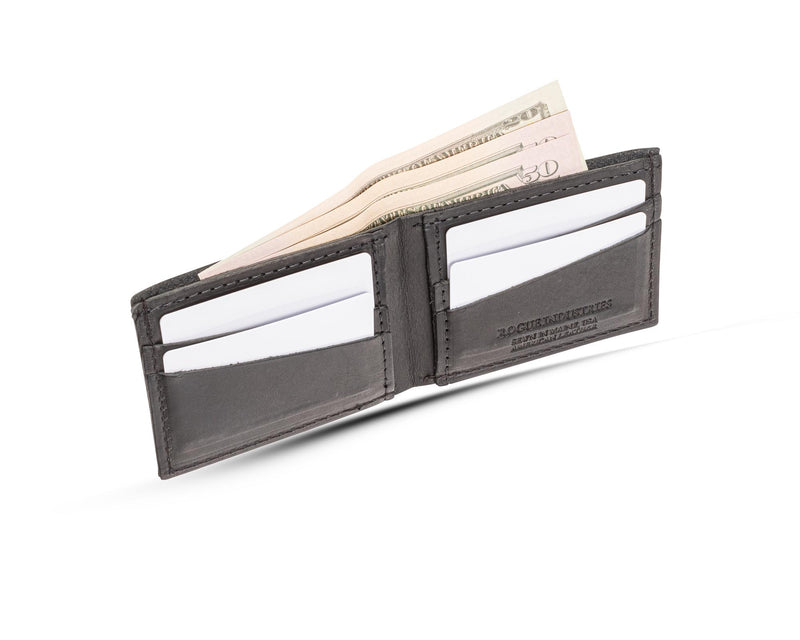 A black Tradevia Heritage Wallet made in USA with a few dollars in it, crafted from genuine cowhide leather.