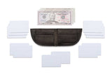 A Tradevia Expedition Front Pocket Wallet crafted from top-grain leather, featuring a compartment for a dollar bill, slots for credit cards, and space for business cards.