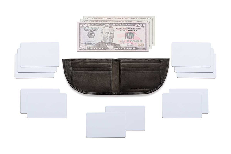 A Tradevia Expedition Front Pocket Wallet crafted from top-grain leather, featuring a compartment for a dollar bill, slots for credit cards, and space for business cards.