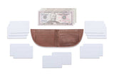 A Tradevia Expedition Front Pocket Wallet with a dollar bill, credit cards, and business cards.