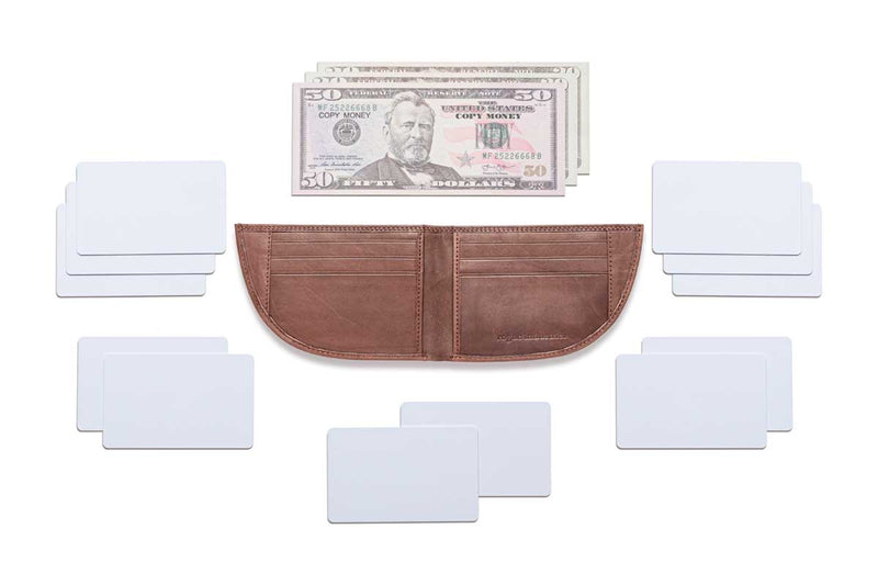 A Tradevia Expedition Front Pocket Wallet with a dollar bill, credit cards, and business cards.