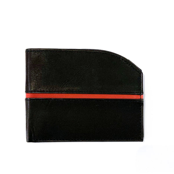 A genuine leather Tailored Front Pocket Wallet by Tradevia with a red stripe and RFID-blocking technology.