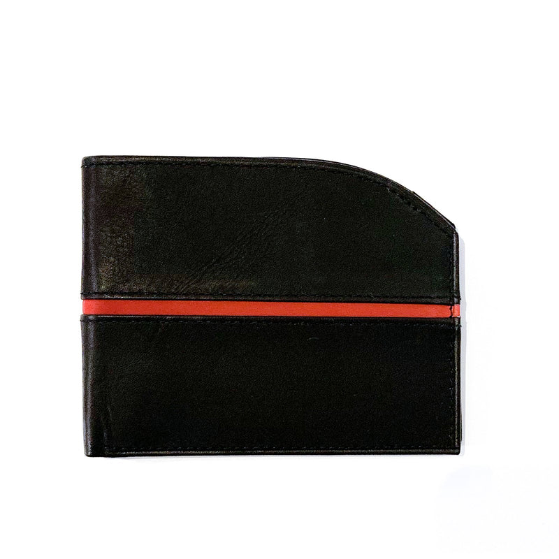A genuine leather Tailored Front Pocket Wallet by Tradevia with a red stripe and RFID-blocking technology.