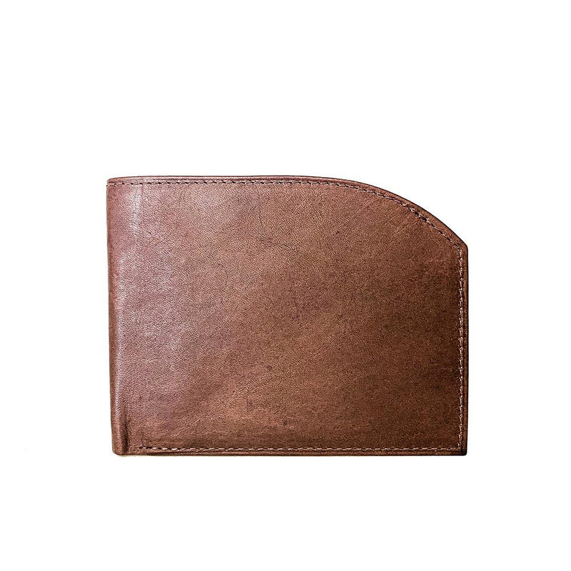 A genuine leather, brown Tailored Front Pocket Wallet by Tradevia on a white background.