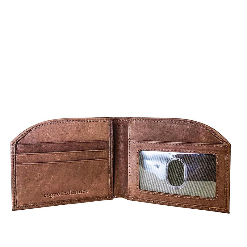 A brown Tradevia Tailored Front Pocket Wallet with a cell phone in it.