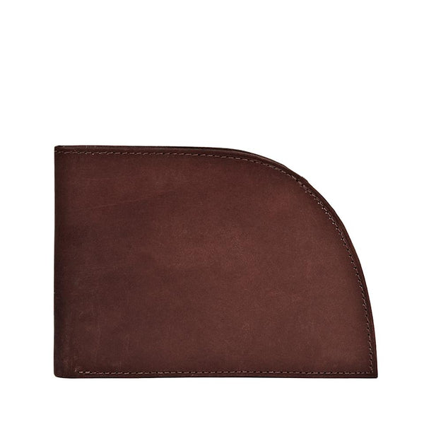 A Tradevia International Traveler 4 Front Pocket Wallet in brown leather with RFID-blocking stitching.