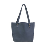 A blue Fore Street Tote Bag made of full-grain leather with a handle by Tradevia.