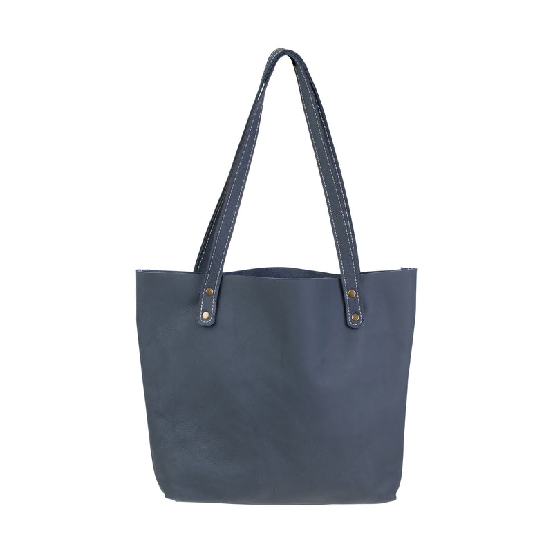 A blue Fore Street Tote Bag made of full-grain leather with a handle by Tradevia.