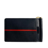 A Genuine Leather Minimalist Wallet with Money Clip from Tradevia, featuring a black design with a red stripe.