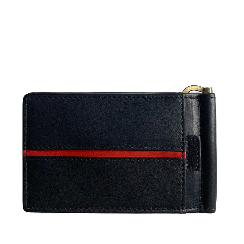 A Genuine Leather Minimalist Wallet with Money Clip from Tradevia, featuring a black design with a red stripe.
