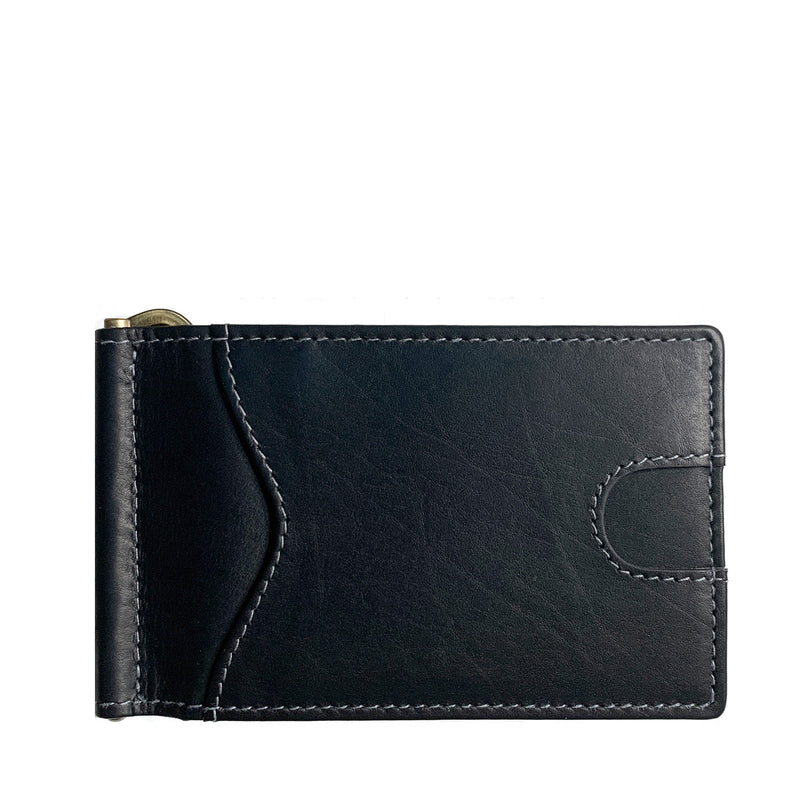 A black Tradevia Minimalist Wallet with Money Clip on a white background.