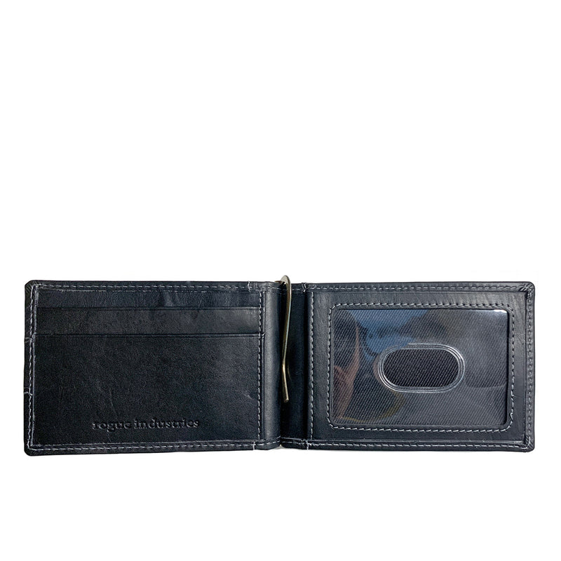 A black Tradevia Minimalist Wallet with Money Clip featuring a card holder.