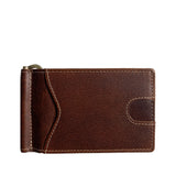A brown genuine leather Tradevia Minimalist Wallet with Money Clip and zipper.