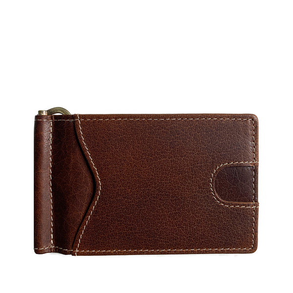A brown genuine leather Tradevia Minimalist Wallet with Money Clip and zipper.