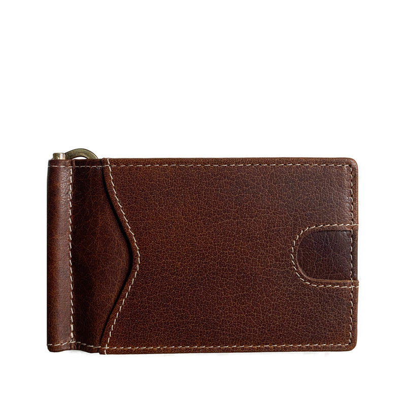 A brown genuine leather Tradevia Minimalist Wallet with Money Clip and zipper.