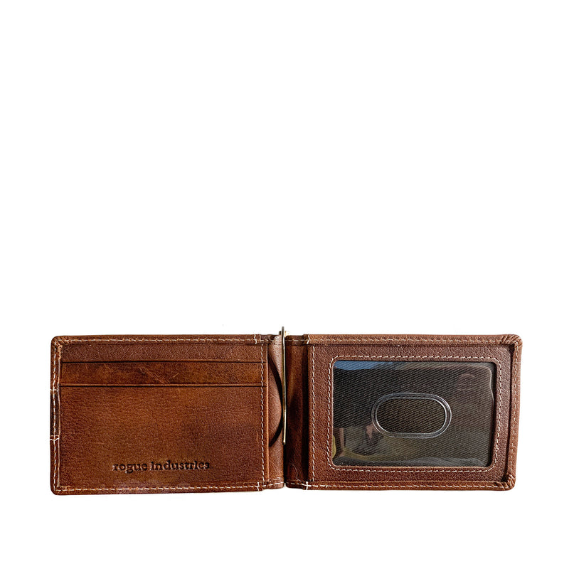A Tradevia Minimalist Wallet with Money Clip in genuine leather and with a credit card holder.