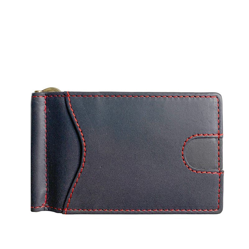 A Tradevia minimalist black genuine leather wallet with red stitching.