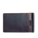 A black Tradevia Minimalist Wallet with Money Clip with red stitching.