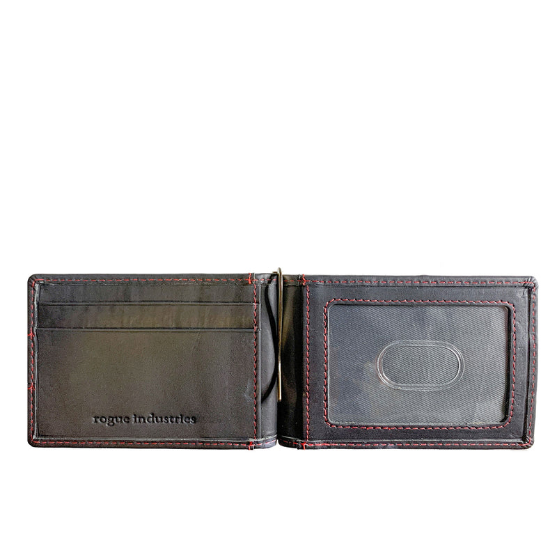 A black Tradevia Minimalist Wallet with Money Clip with a red card holder.