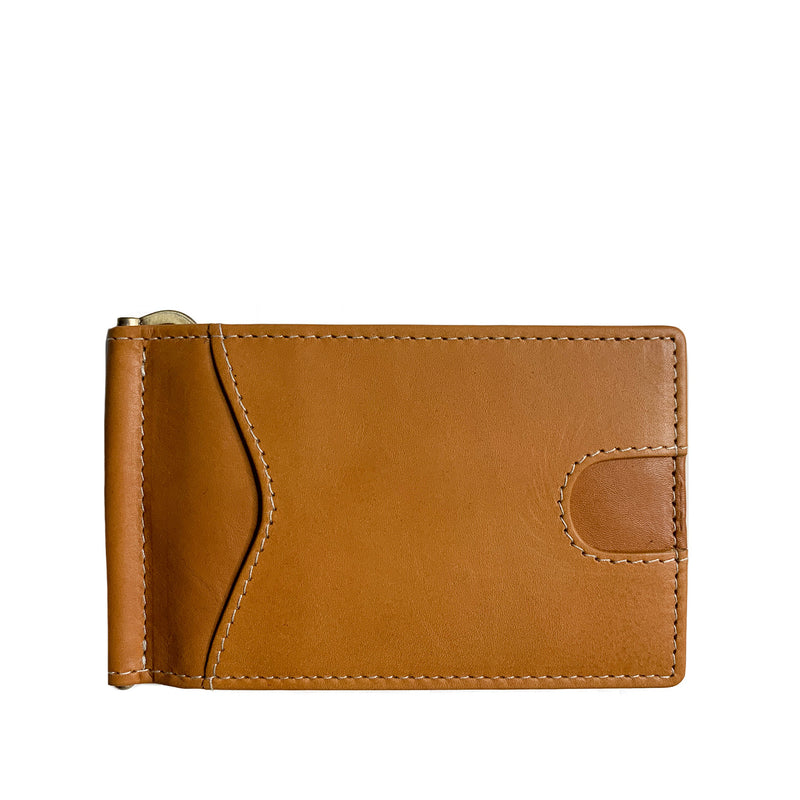 A Tradevia Minimalist Wallet with Money Clip made of genuine leather on a white background.
