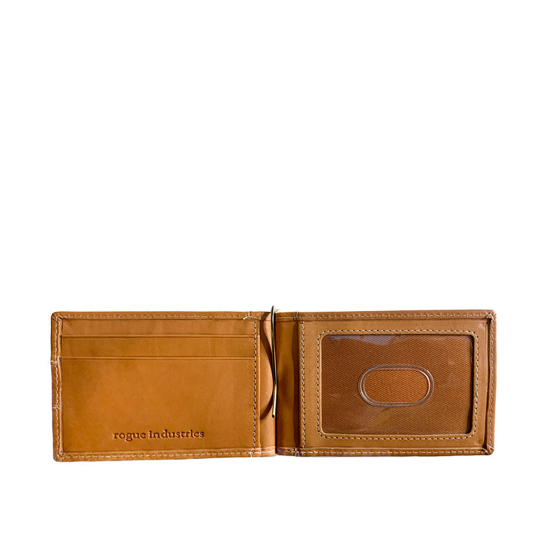 A Tradevia Minimalist Wallet with Money Clip in tan genuine leather with a card holder.
