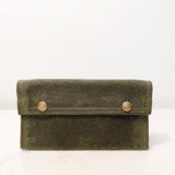 A green Tradevia waxed canvas bag with two buttons.