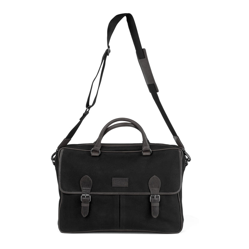 A durable black leather Tradevia briefcase with two straps and a leather handle.