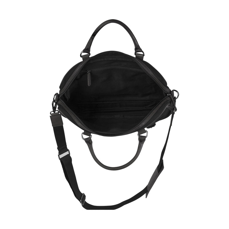A black, durable Tradevia Waxed Canvas Laptop Bag with strap.