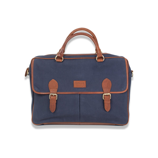 The durable navy and tan leather Tradevia waxed canvas laptop bag is on a white background.