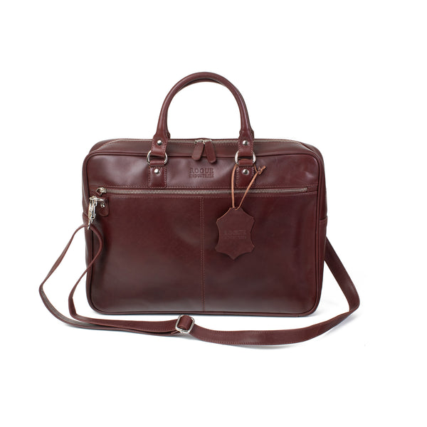 A brown genuine leather West End Slim Leather Laptop Bag by Tradevia with a removable strap.